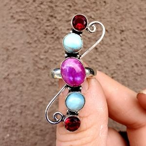 New Rainbow Moonstone, Larimar, Garnet 925 Silver Statement Ring.